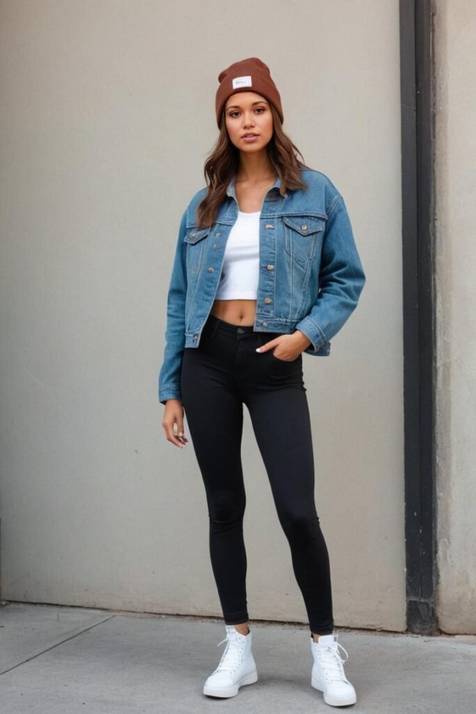 Denim Jacket Leggings and Combat Boots comfy fall outfit