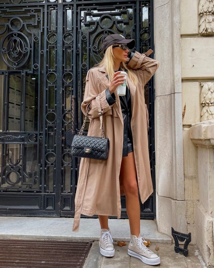 Long Trench Coat Baseball Cap and Converse Fall outfit