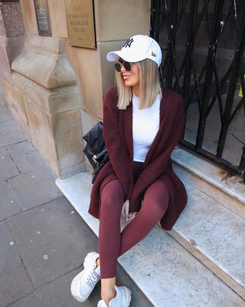 Maroon knit sweater and leggings