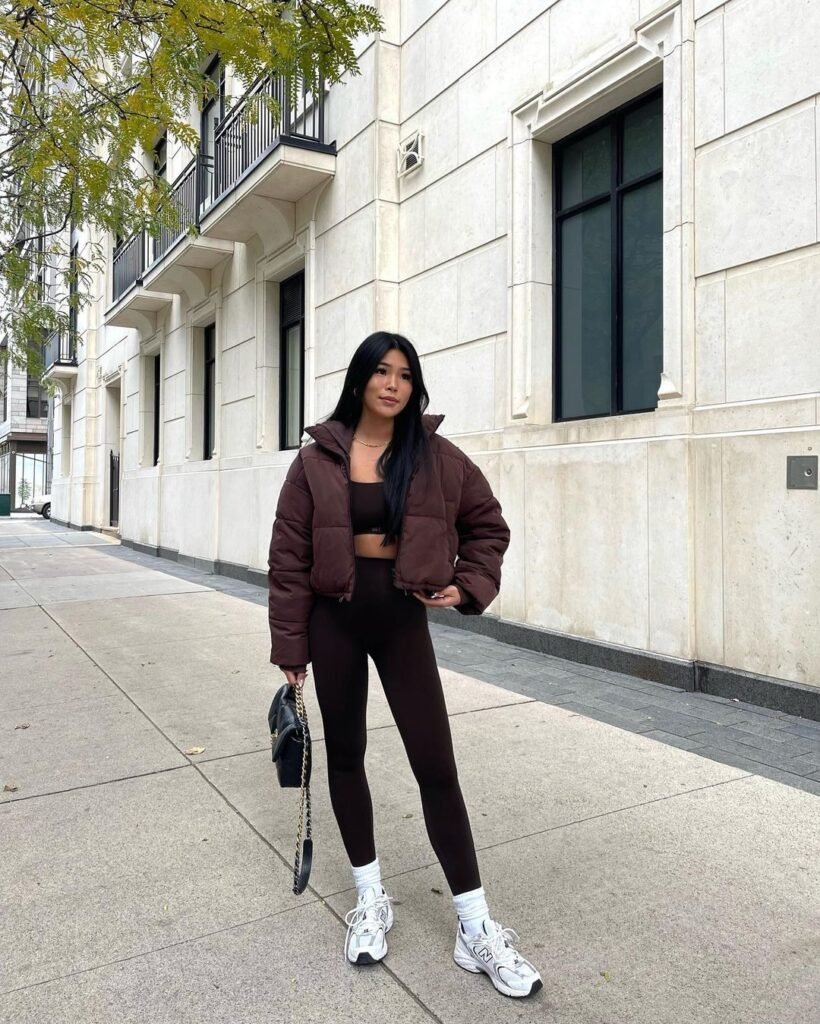 Monochrome Brown Workout Set Matching Puffy Jacket