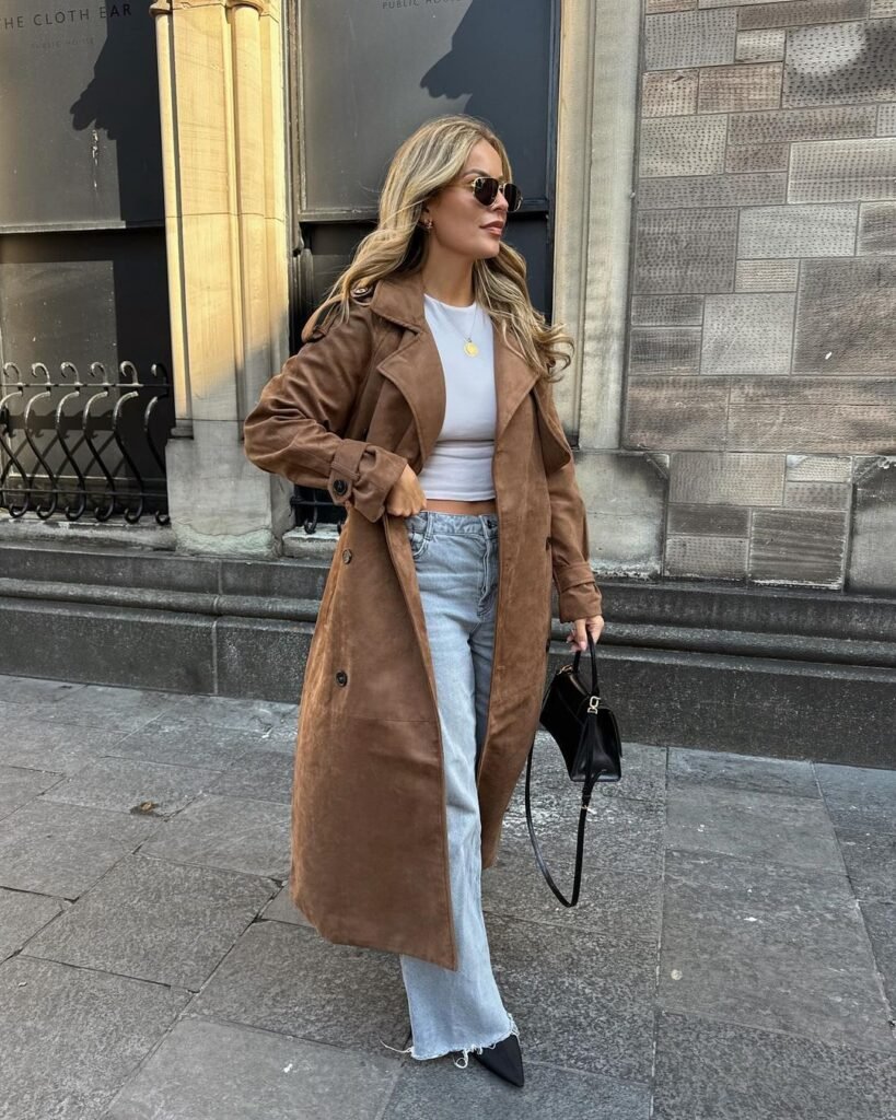 Trench Coat Jeans and Sneakers fall outfit