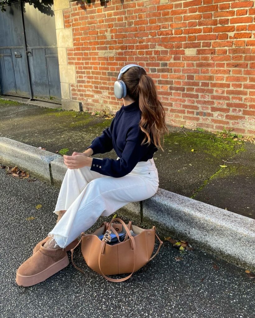 Wide leg Jeans Long Sleeved Top and Uggs Fall outfit