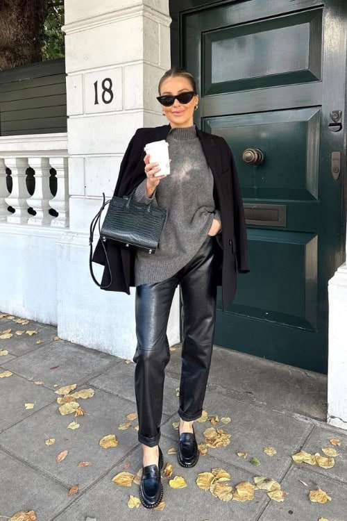 Black Leather Pants Sweater Blazer and Loafers