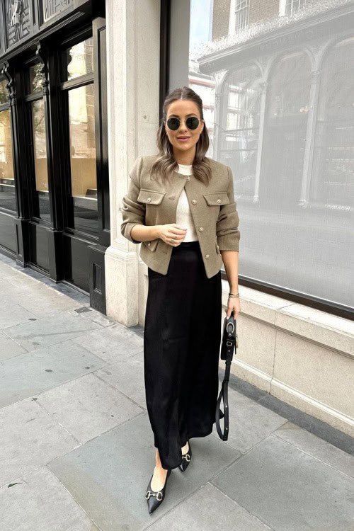 Black Midi Skirt and Khaki Jacket