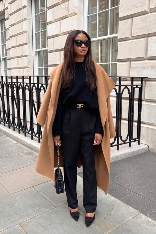 Black on Black with a Camel Coat