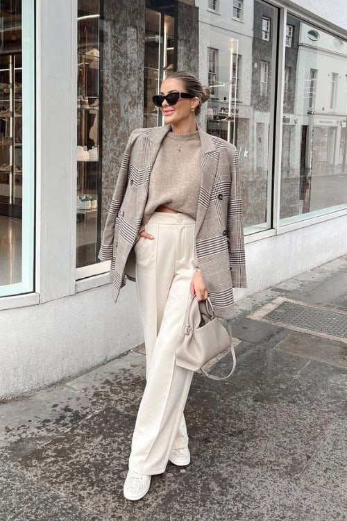 Cream Pants Neutral Sweater and Neutral Plaid Blazer