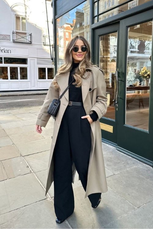 Trench Coat Over Black on Black Outfit