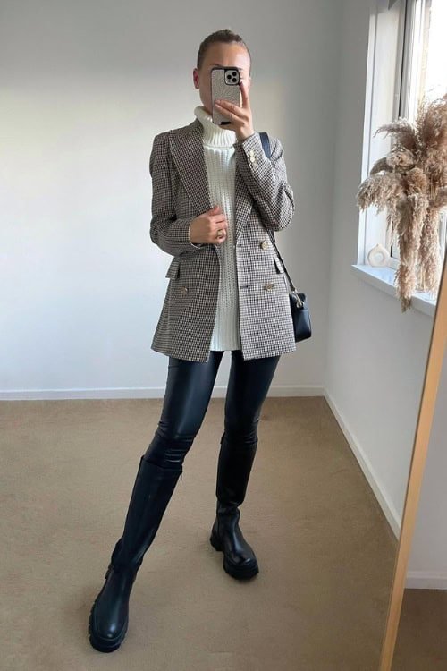 Turtleneck Sweater Blazer Leather Leggings and Boots