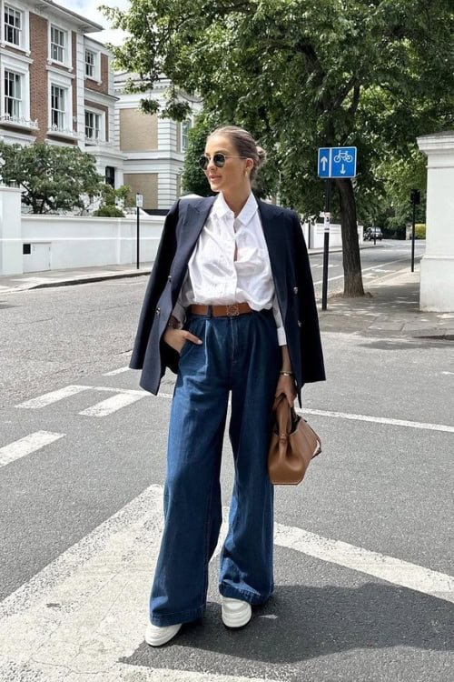 Wide Leg Jeans White Button Down and Navy Blazer