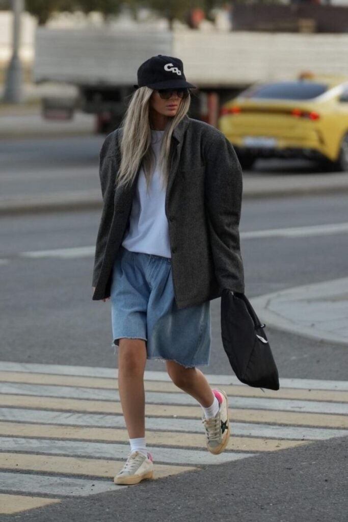 Big Gray Blazer Loose Denim Shorts White Sneakers