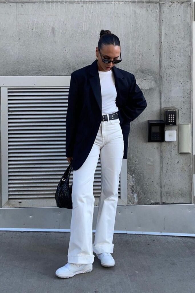 Black Blazer White High Waisted Jeans White Sneakers