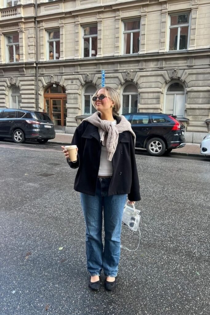 Black Jacket White Tee Blue Jeans Black Flats