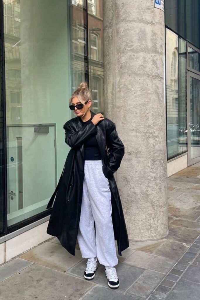 Black Leather Coat Gray Sweatpants White Sneakers