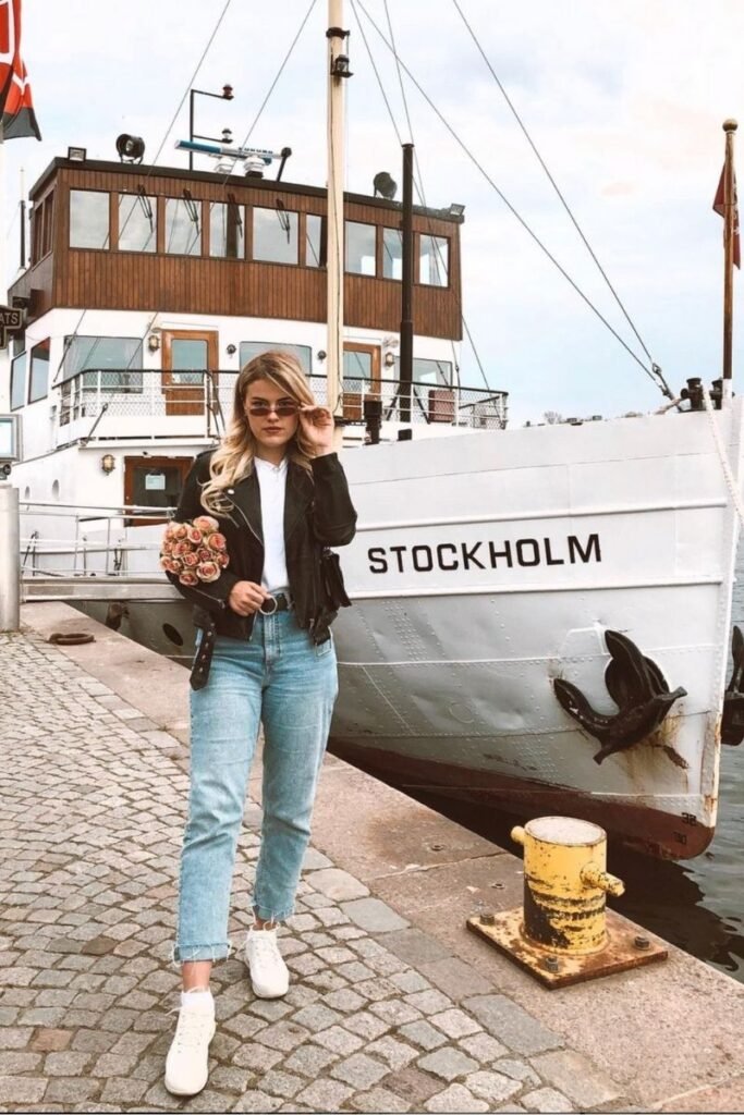 Black Leather Jacket White Tee Light Wash Jeans White Sneakers