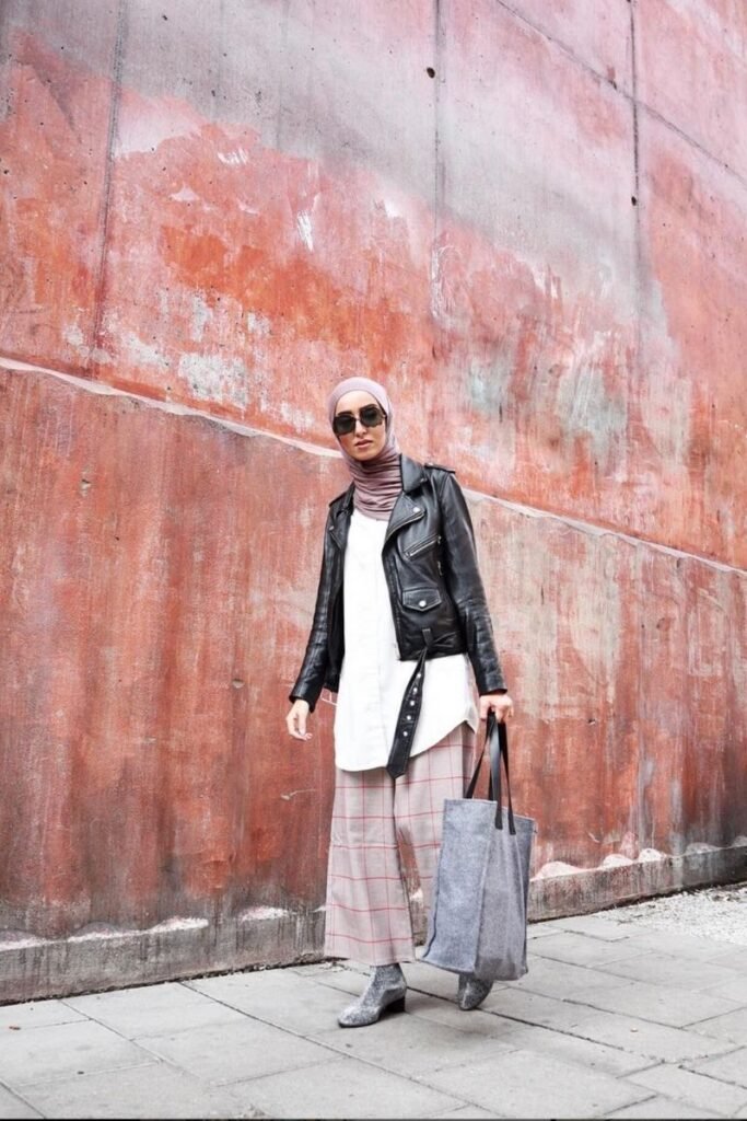 Black Leather Jacket White Tunic Checkered Wide Legged Trousers
