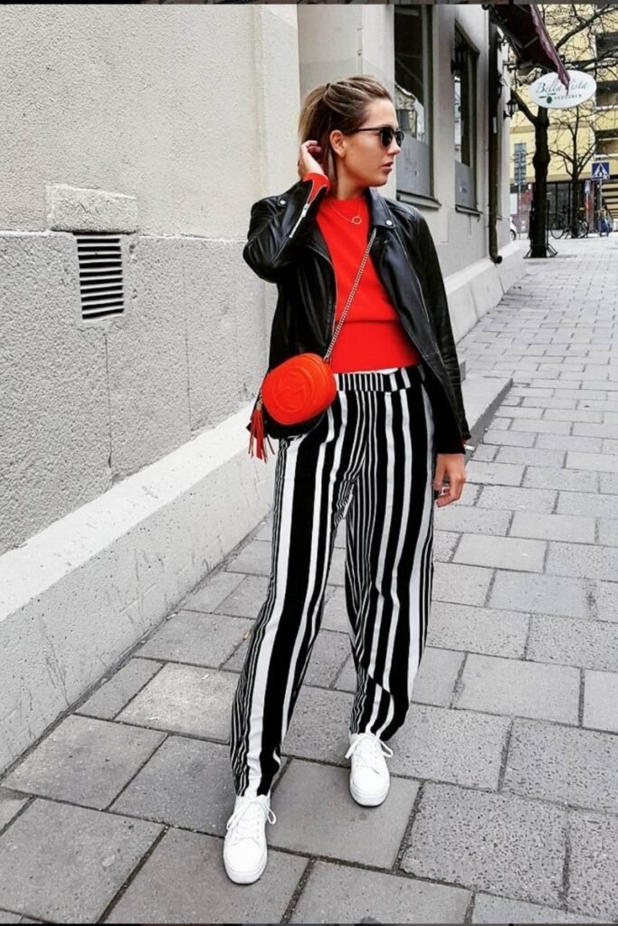 Black and White Striped Pants Red Top Black Leather Jacket