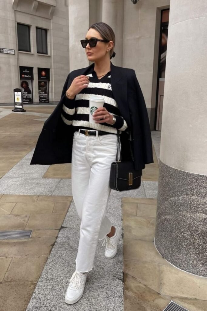 Black and White Striped Sweater White Jeans White Sneakers