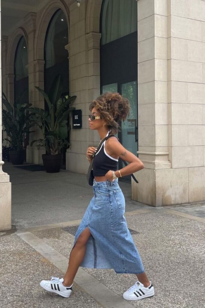Blue Denim Skirt Simple Black Tank Top Adidas Sneakers
