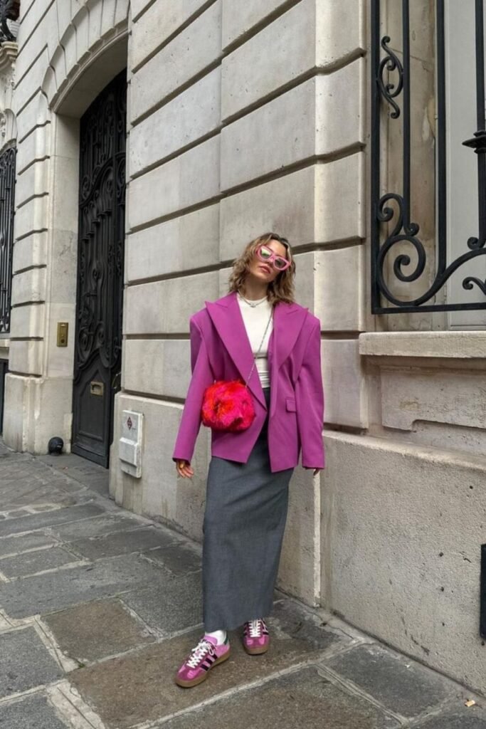 Bright Pink Blazer Gray Midi Skirt Hot Pink Sneakers