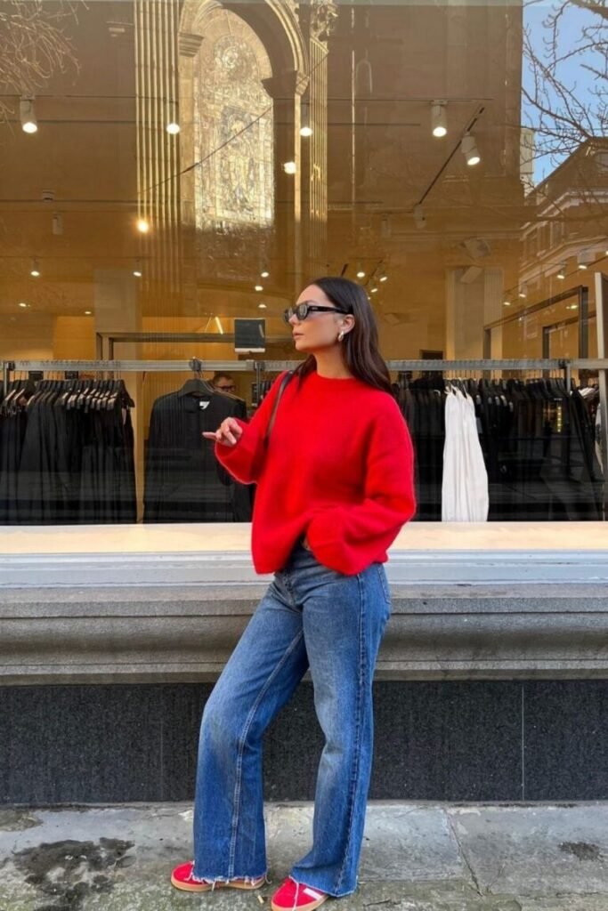 Bright Red Sweater Straight Jeans Red Sneakers That Match