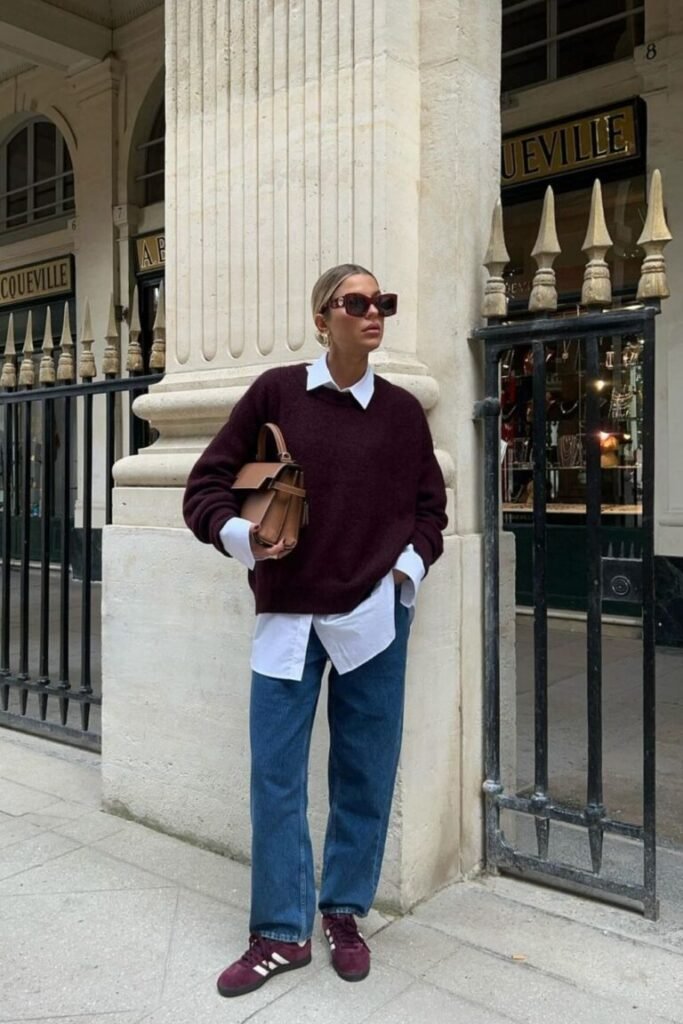 Burgundy Sweater White Button Up Shirt Loose Blue Jeans