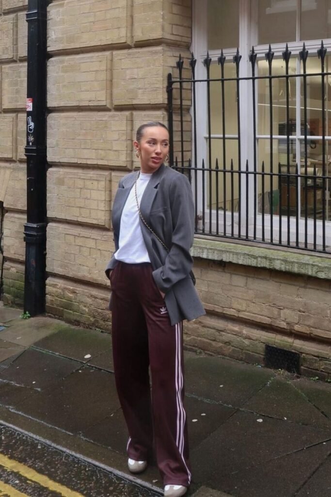 Burgundy Track Pants White T Shirt Oversized Gray Blazer
