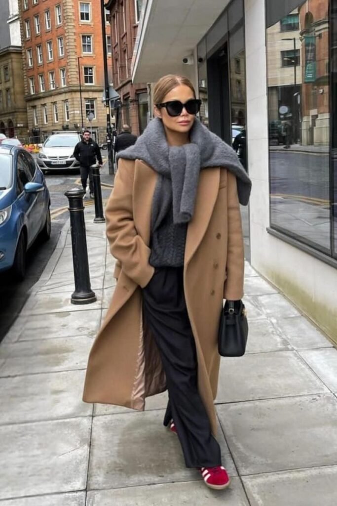 Camel Coat Chunky Grey Sweater Wide Legged Trousers Red Sneakers