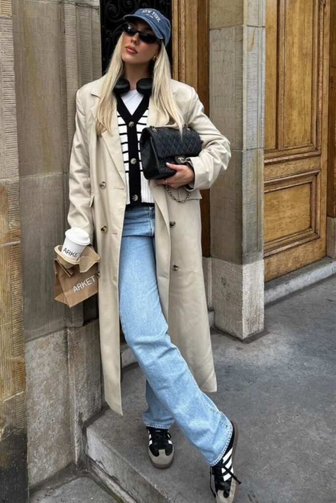 Classic Beige Trench Coat Light Jeans Black and White Sneakers