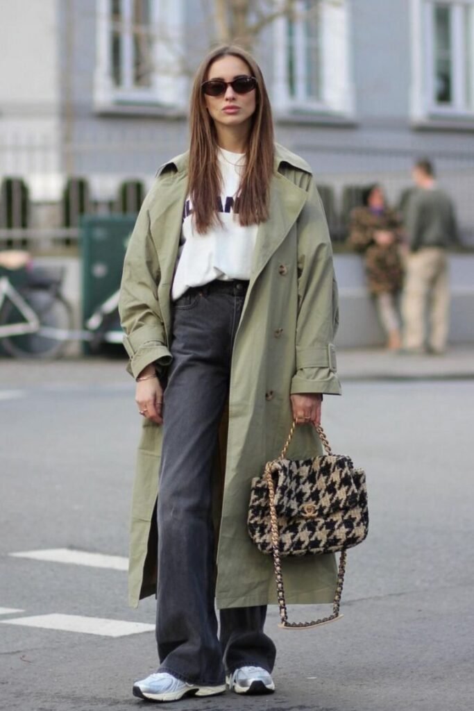 Classic Trench Coat Black Jeans Clean White Sneakers