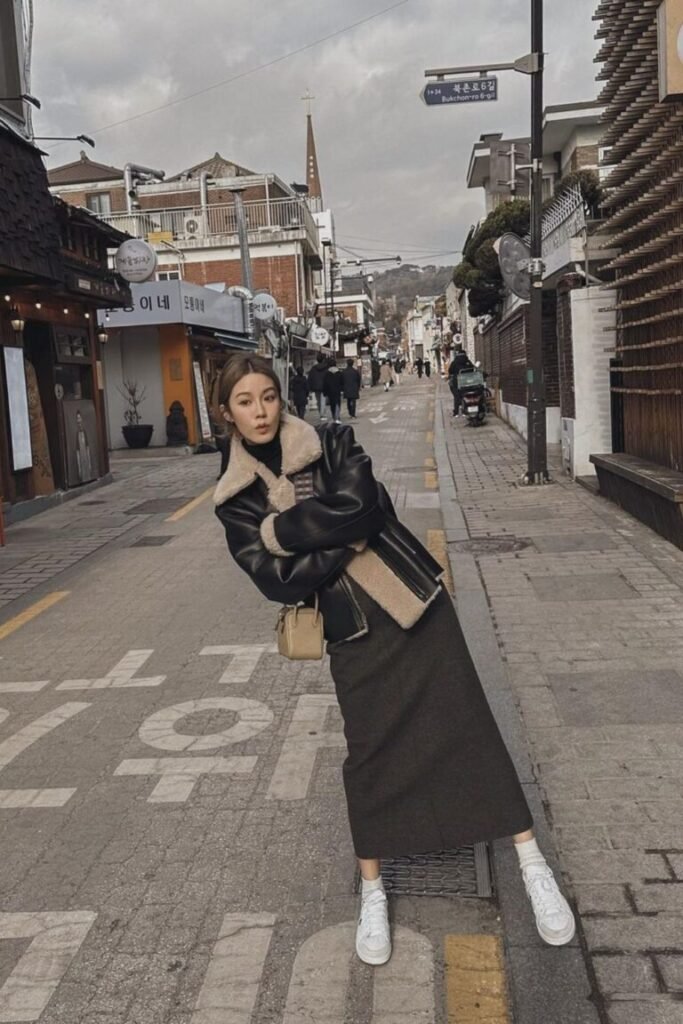 Cozy Shearling Jacket Structured Midi Skirt White High Top Sneakers