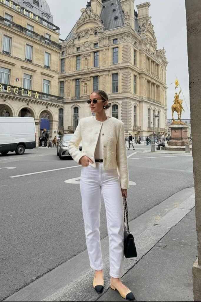Cream Jacket White Top White Denim Pants
