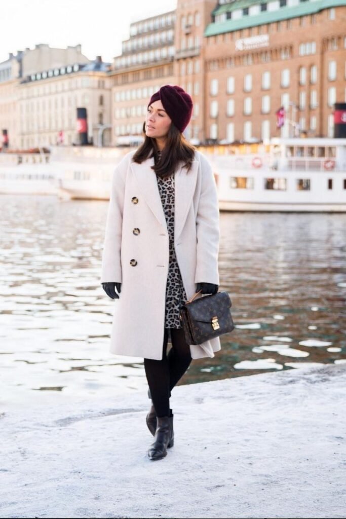 Cream Overcoat Leopard Print Dress Black Tights Ankle Boots