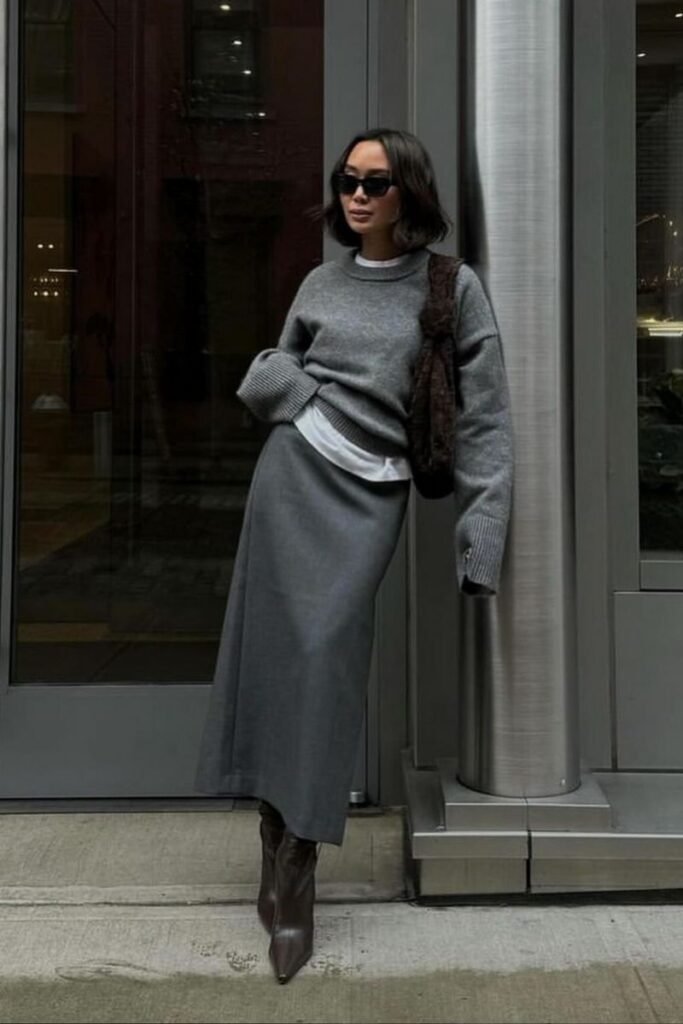Fitted Grey Sweater Grey Midi Skirt Brown Ankle Boots Furry Shoulder Bag