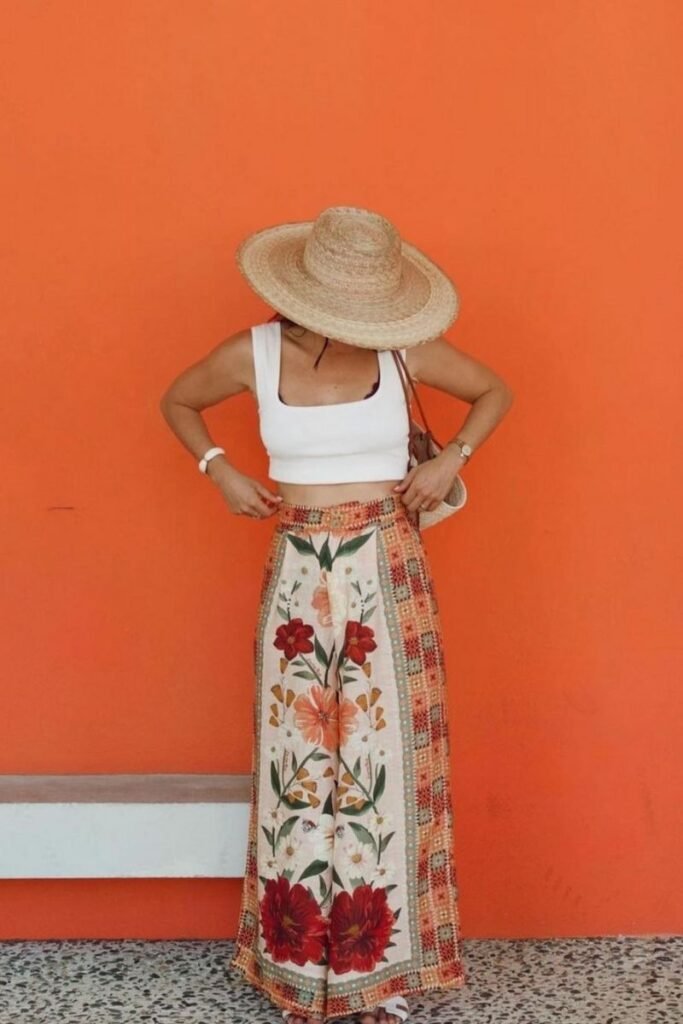 Floral Maxi Skirt Simple White Crop Top