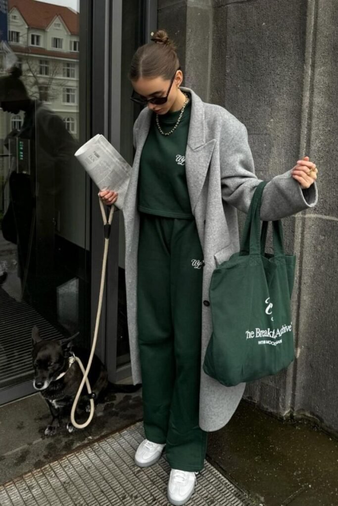 Forest Green Tracksuit Shiny Silver Sneakers