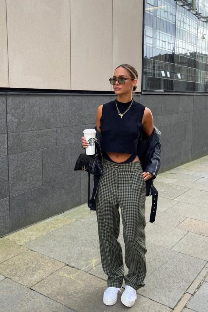 High Waisted Gingham Pants Cropped Black Top White Sneakers