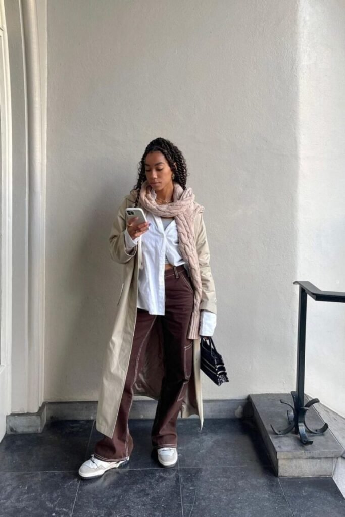 Long Beige Coat Brown Pants Bright White Sneakers