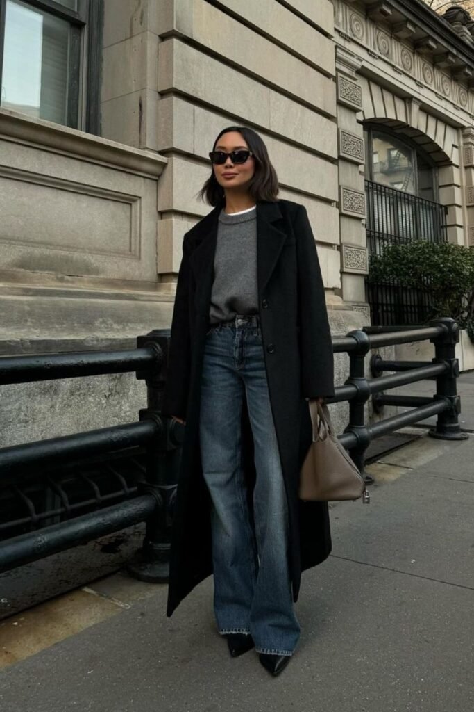 Long Black Coat Grey Sweater High Waisted Dark Jeans Black Pointed Toe Boots
