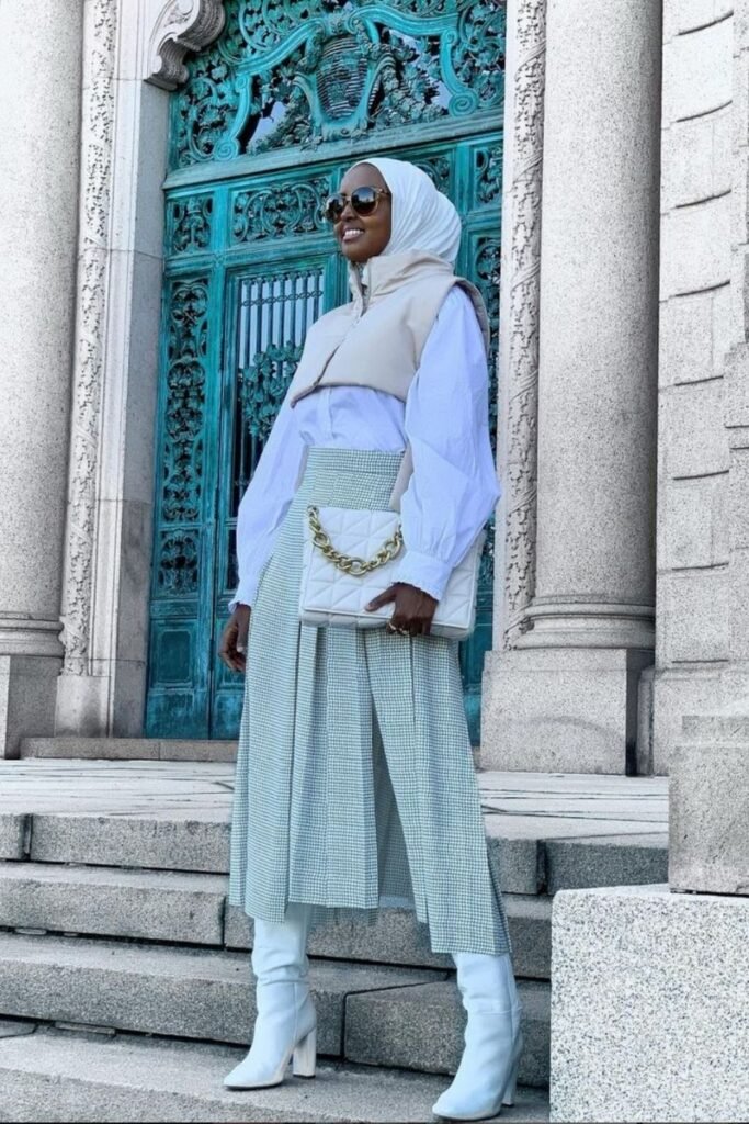 Long Skirt White Blouse Beige Vest White Boots