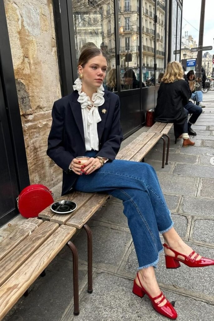 Navy Blazer White Blouse Blue Jeans 1