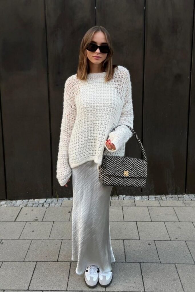 Net Sweater Smooth White Satin Skirt White Sneakers