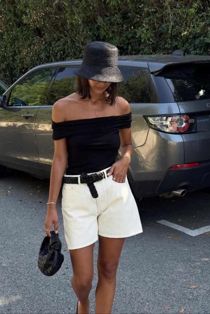 Off Shoulder Black Top Cream Shorts