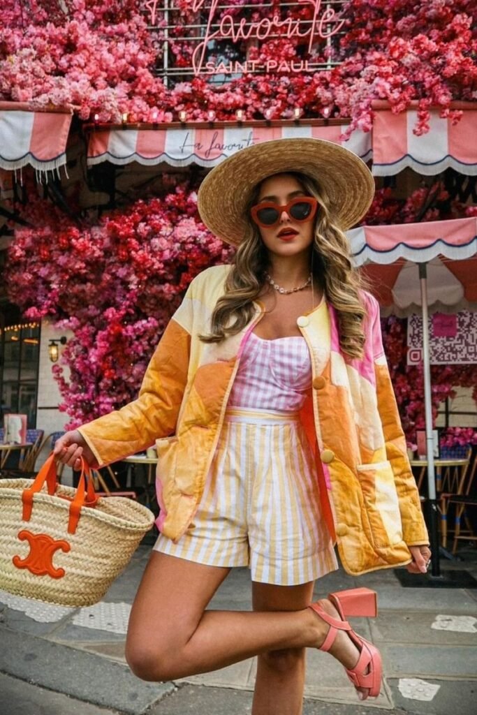 Orange Pink Jacket Striped Shorts Checked Top