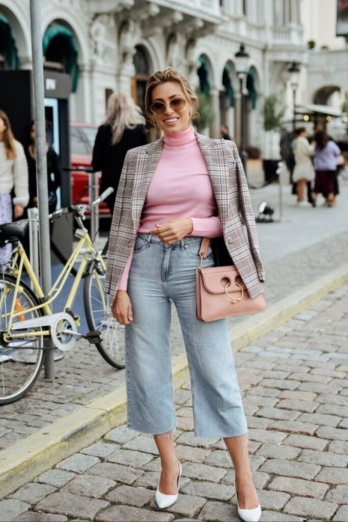 Pink Turtleneck Plaid Blazer Light Wash Cropped Jeans White Pointed Toe Heels