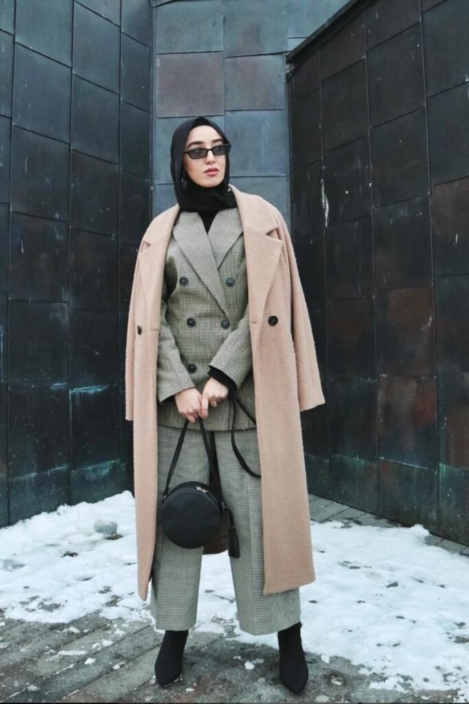 Plaid Blazer Black Turtleneck Beige Coat Black Boots
