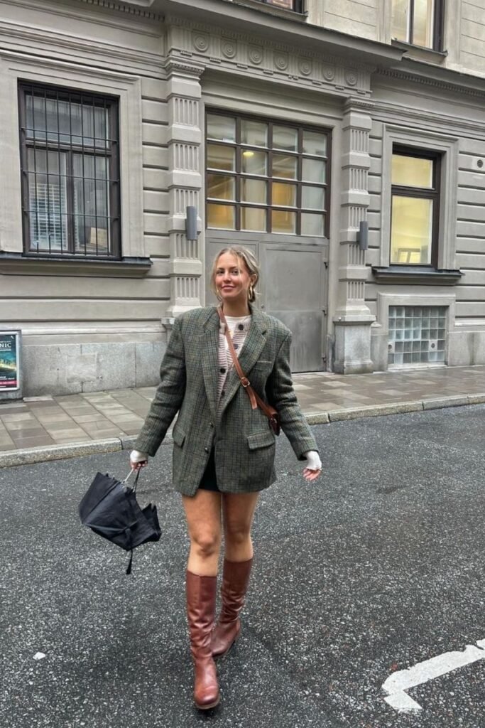 Plaid Blazer Short Skirt Knee High Brown Boots Gold Hoop Earrings