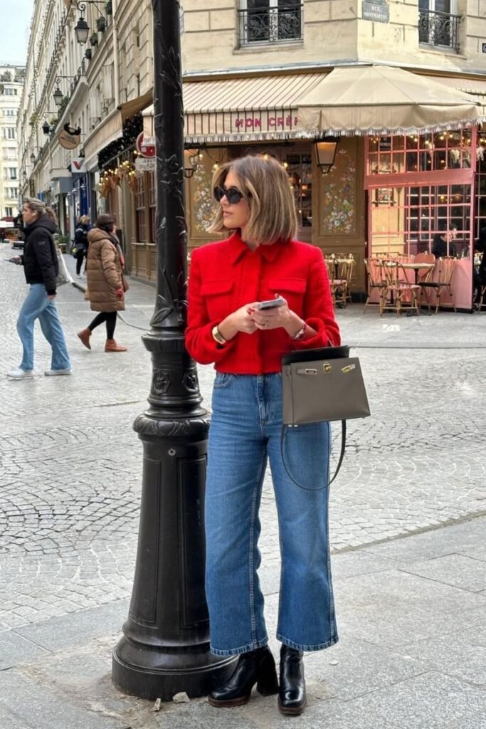 Red Coat Blue Jeans Ankle Boots