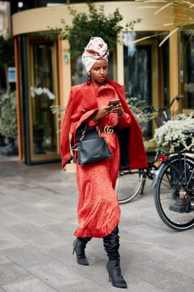 Red Coat Red Dress Black High Heeled Boots Patterned Headscarf