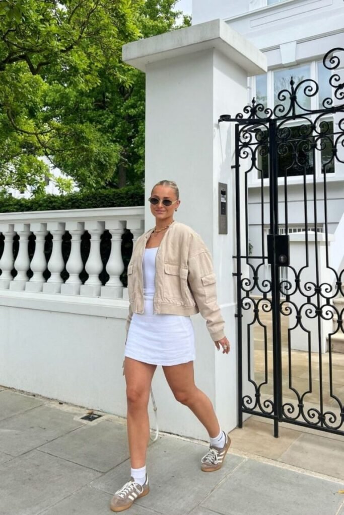 Simple White Dress Beige Bomber Jacket Cool Sneakers