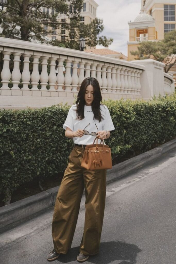 Simple White T Shirt Wide Khaki Pants White Sneakers